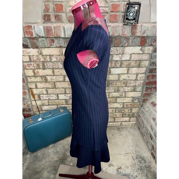 Dress bodycon knit striped navy red leather shoulders - Picture 3 of 8